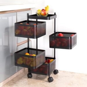 Qualis Multi-Purpose Trolley Storage Organizer and Kitchen Accessories Items for Kitchen Storage Rack Square Design Fruits & Vegetable Onion Cutlery Matt Black 4 Layer Drawer